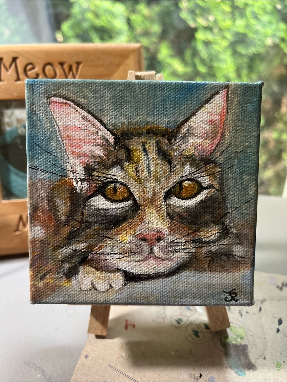 Original acrylic painting of tabby cat 4”x4”x1.5”
